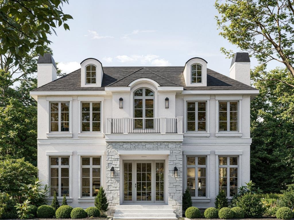 Architectural rendering of a white custom home with dormers in southwest Calgary