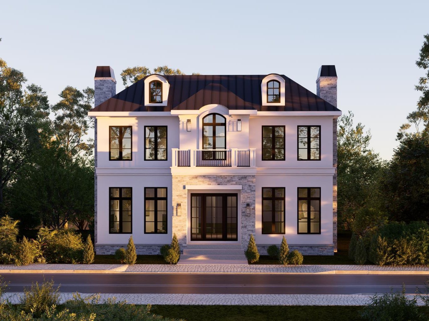 Architectural rendering of the same home at dusk with interior lights on