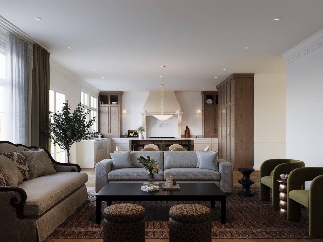 Open living room and kitchen with island, pendant lights, and recessed lighting
