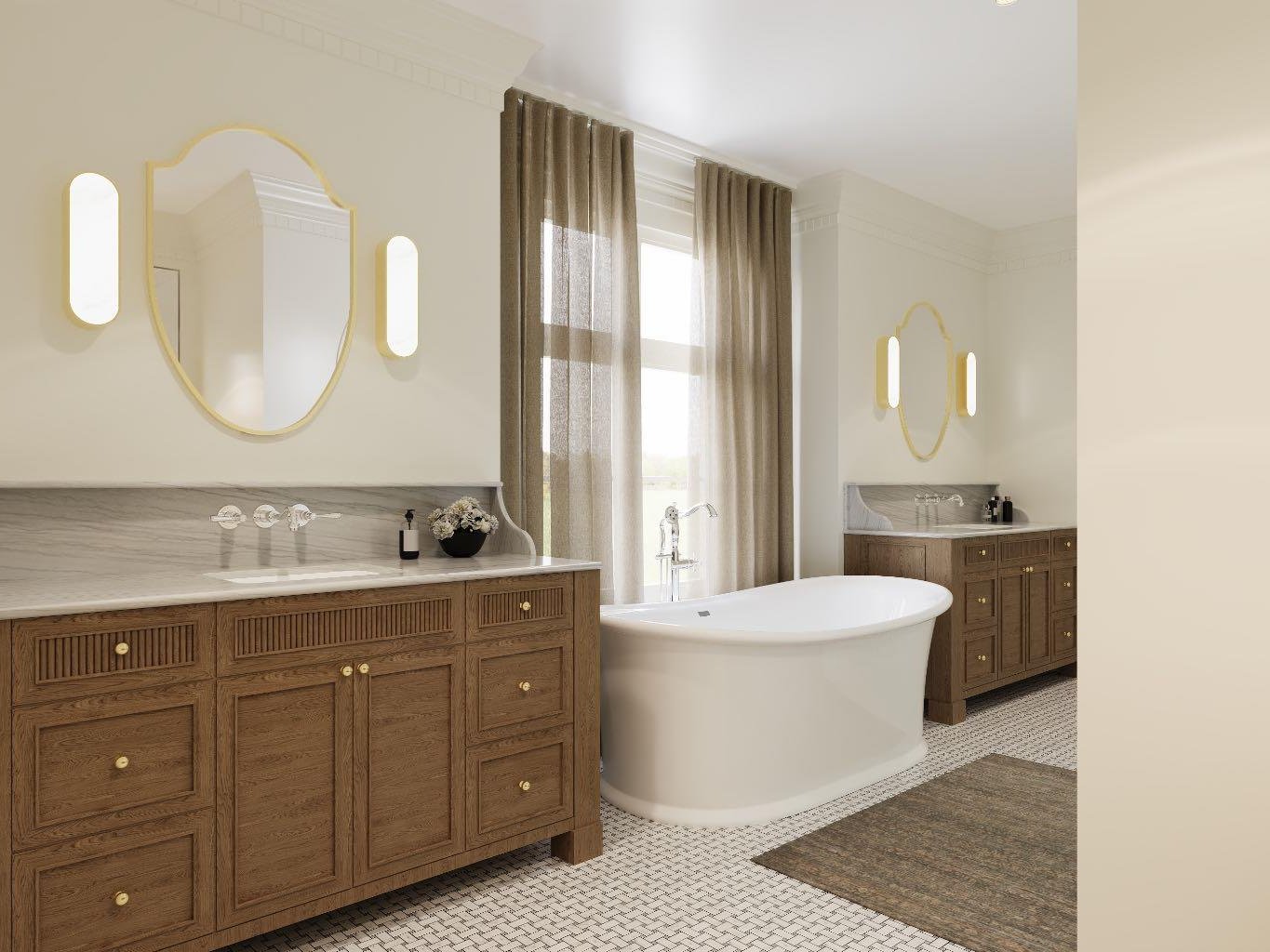 Primary bathroom with freestanding tub, double vanity, and wall sconces