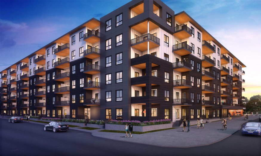Architectural rendering of a six-storey multifamily building under construction in Airdrie