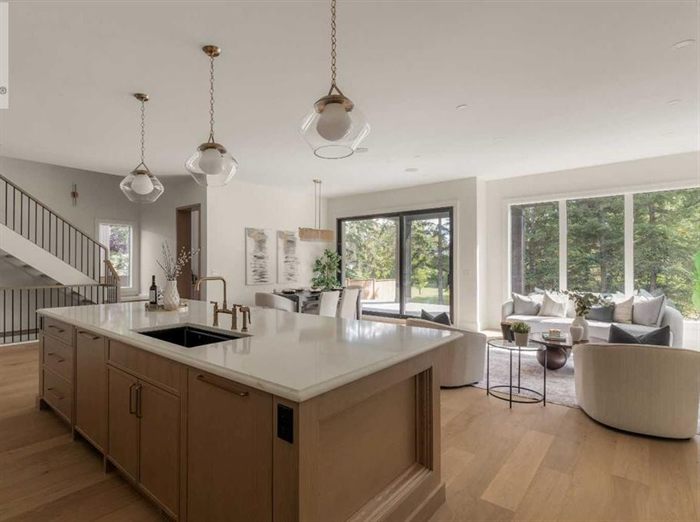 Kitchen with large island, pendant lighting, and integrated appliances